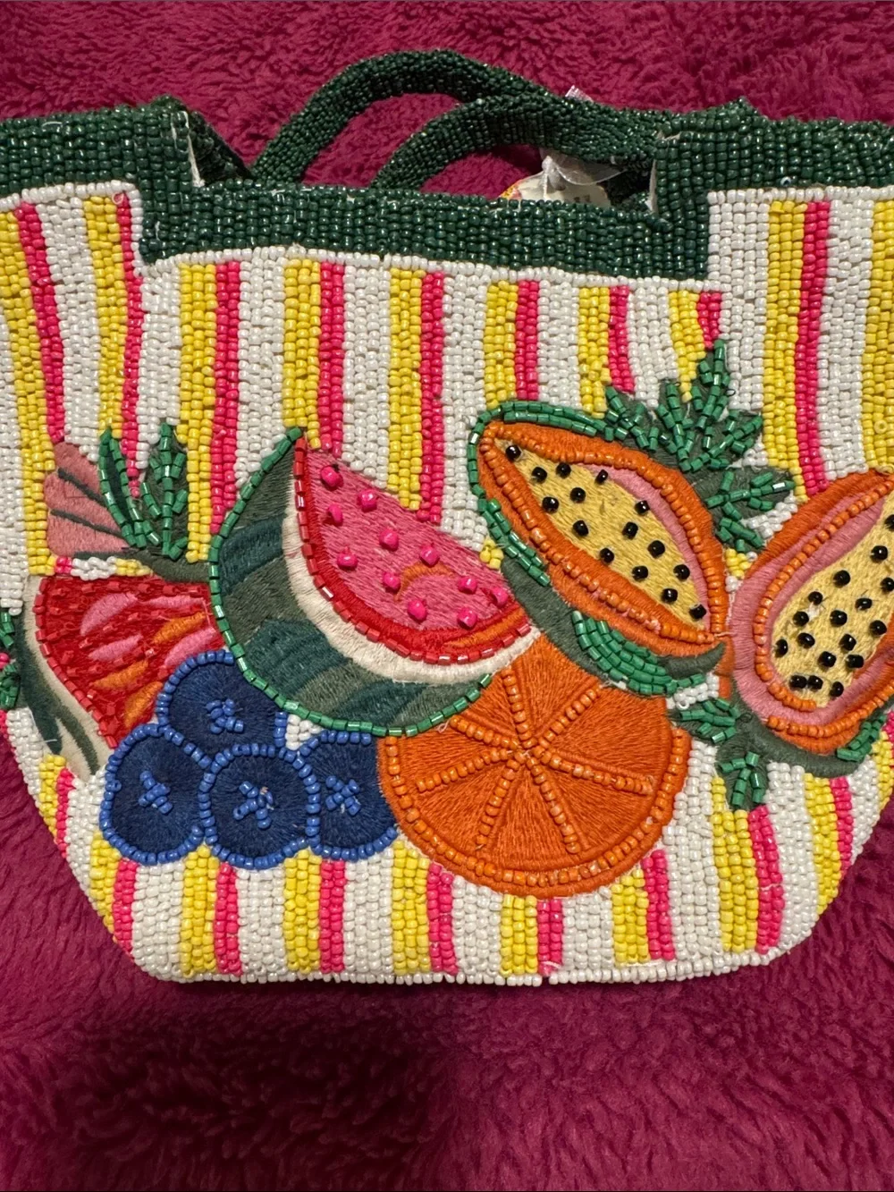 Hand-Beaded Tropical Fruit Tote in Green and Multicolor